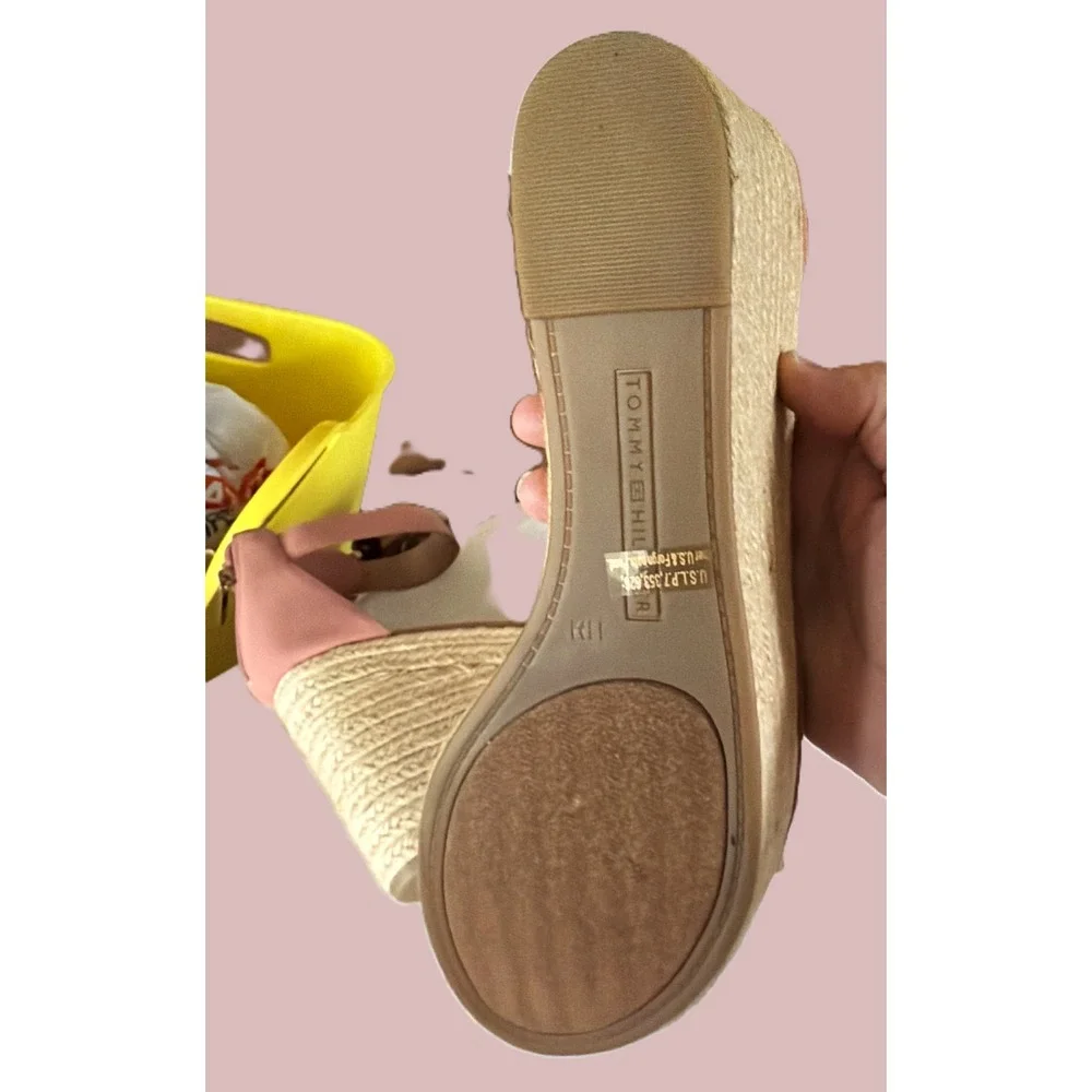 Tommy Hilfiger Pink Beige Espadrille Wedge Sandals Ankle Strap Platform 11M